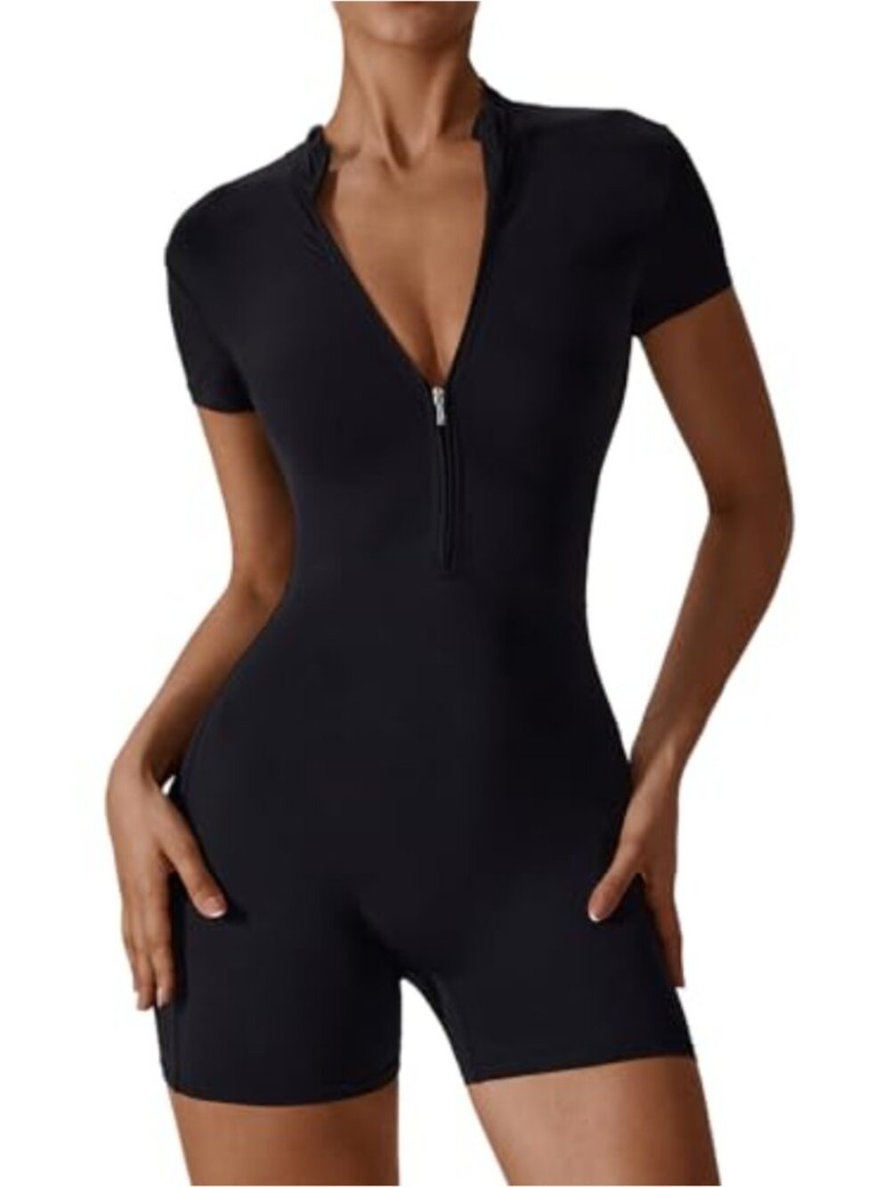 Zip Up Short Sleeve Workout Jumpsuit Tummy Control Bodycon Gym Yoga Romper